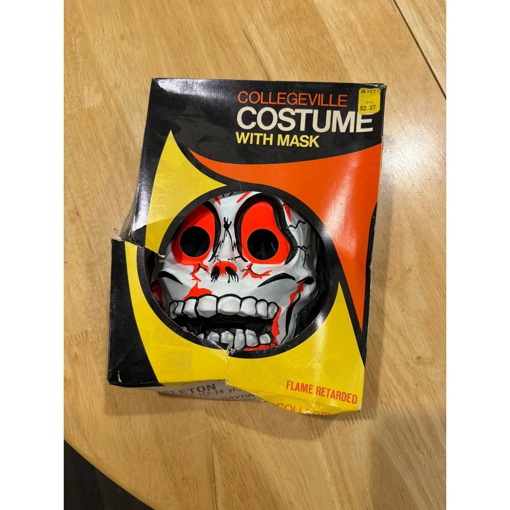 Vintage Collegeville Skeleton Costume with Mask 277 Large 12-14 Rayon USA 1970s